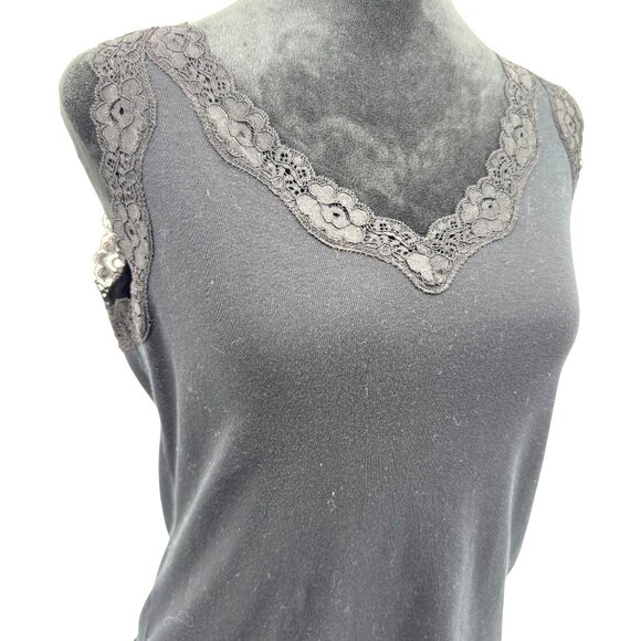 Karen Scott Babydoll Tank Top Womens Black Lace Y2K‎ Sleeveless V Neck Ribbed - Picture 1 of 8